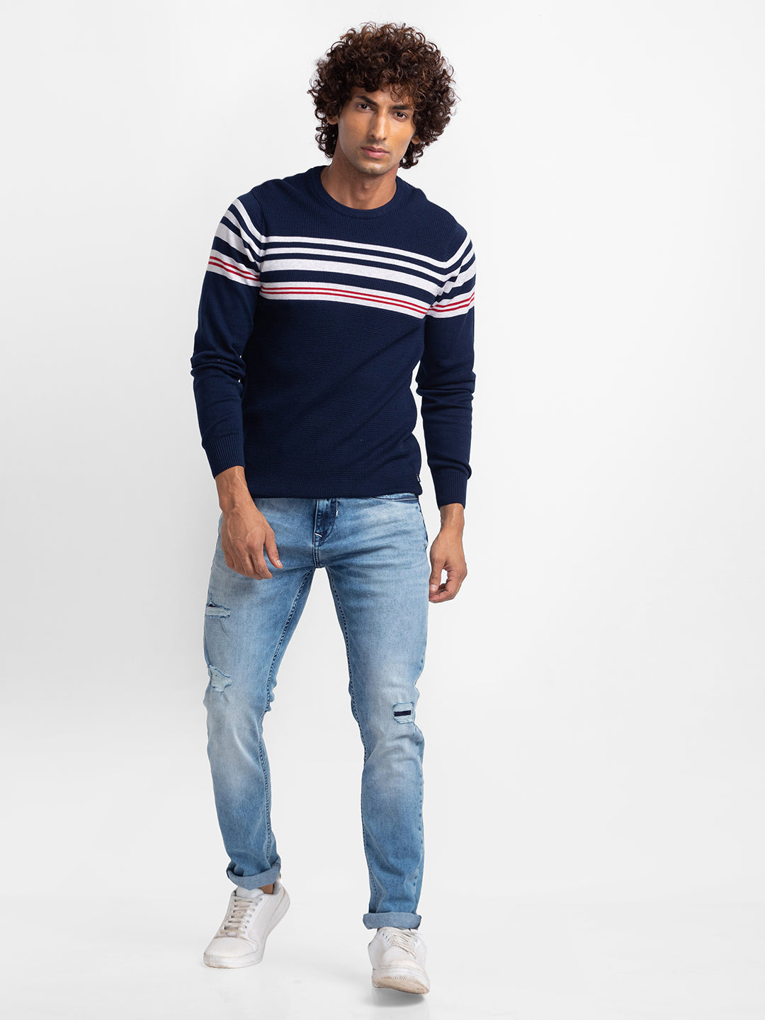 Spykar Navy Ash Melange Cotton Full Sleeve Casual Sweater For Men