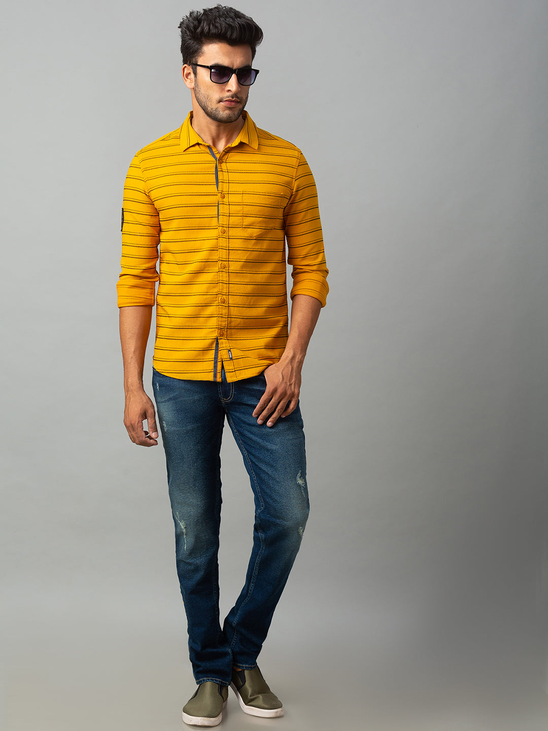 Spykar Men Yellow Cotton Slim Fit Shirt