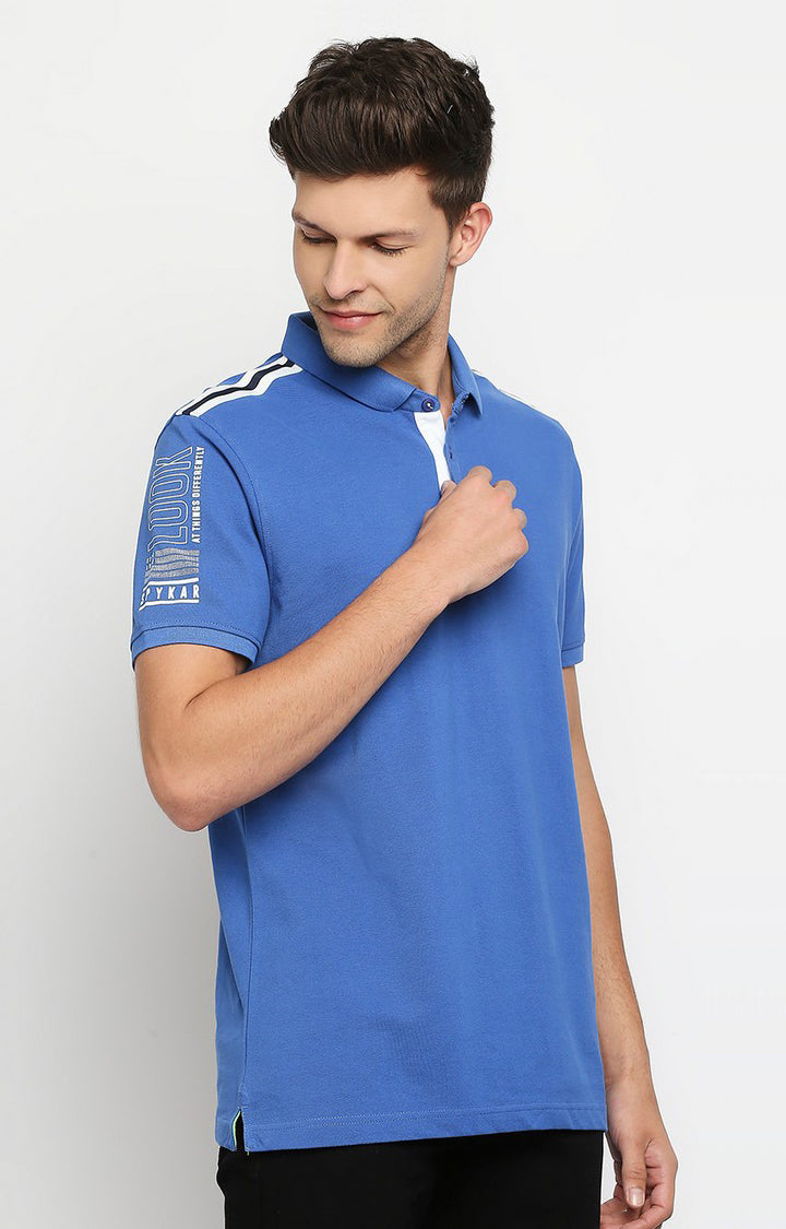 Spykar Men Blue Cotton Slim Fit Round Neck Polo T-Shirt