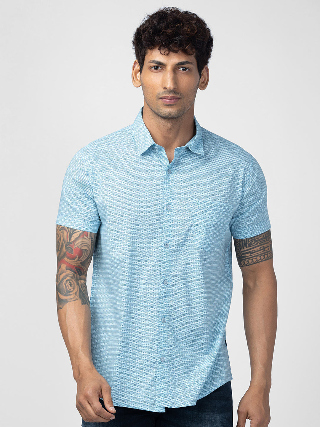 Spykar Men Sky Blue Cotton Regular Slim Fit Printed Shirt