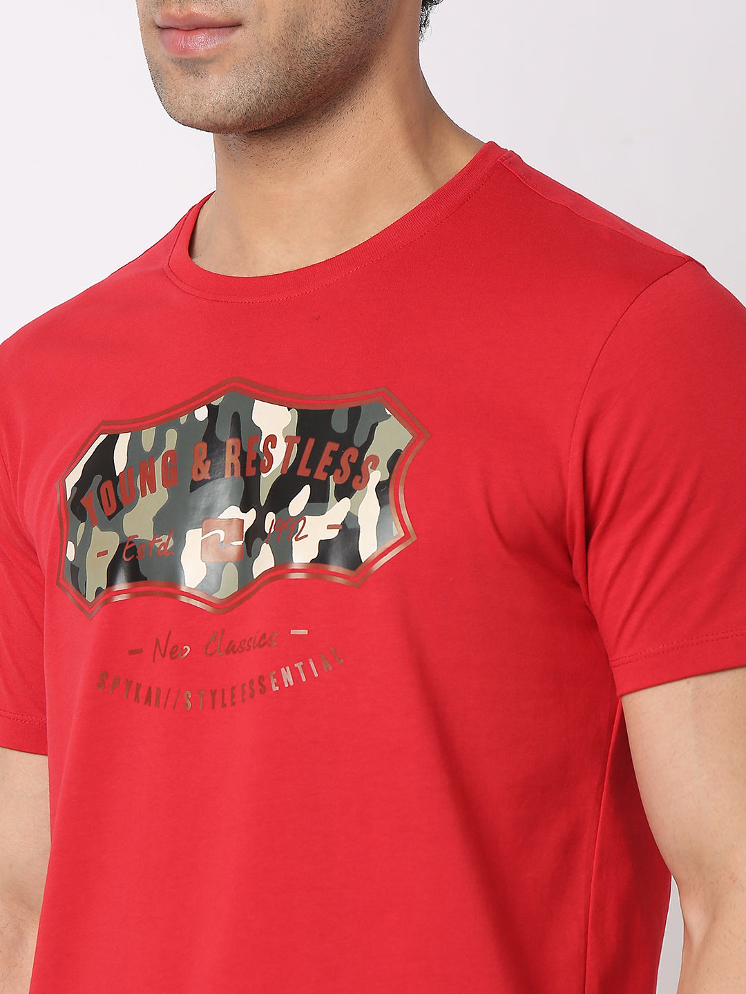 Spykar Men Red Cotton Slim Fit Round Neck Printed T-Shirt