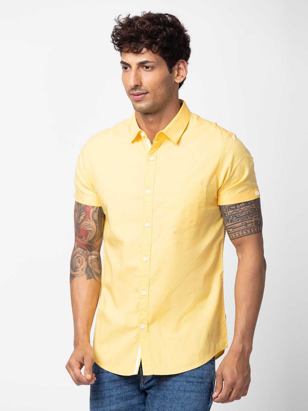 Spykar Men Chrome Yellow Cotton Slim Fit Plain Shirt