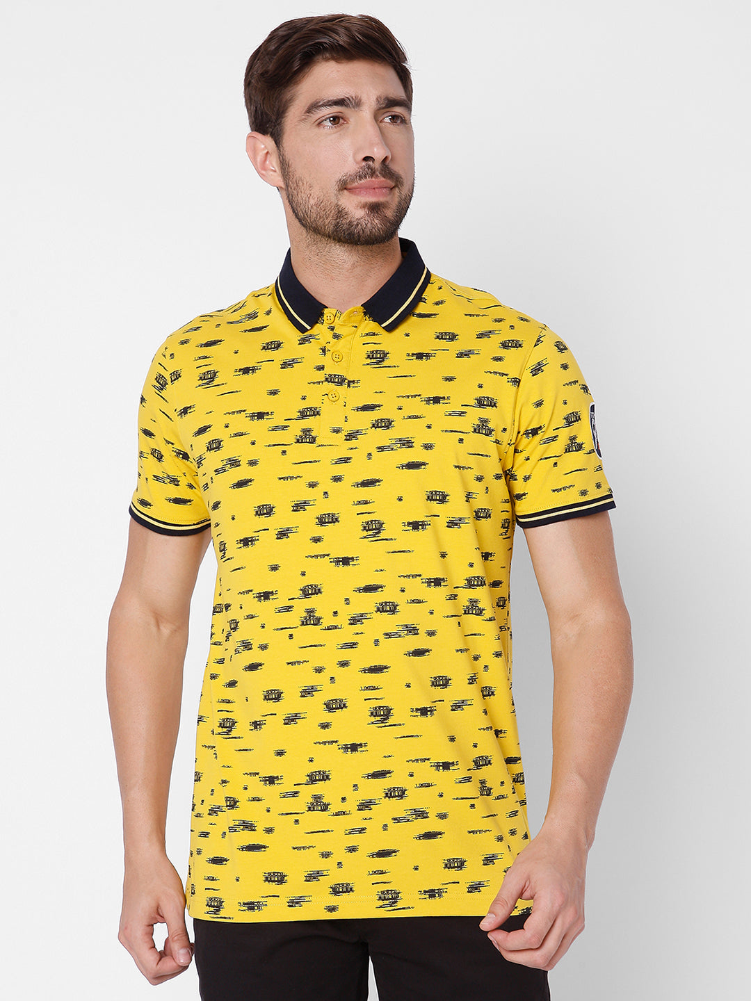 Spykar Men Yellow Cotton Slim Fit Polo T-Shirt