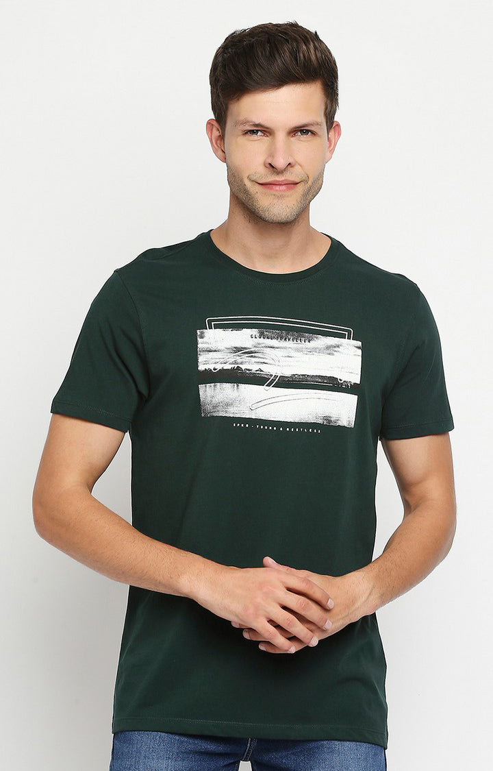 Spykar Men Green Cotton Slim Fit Round Neck T-Shirt