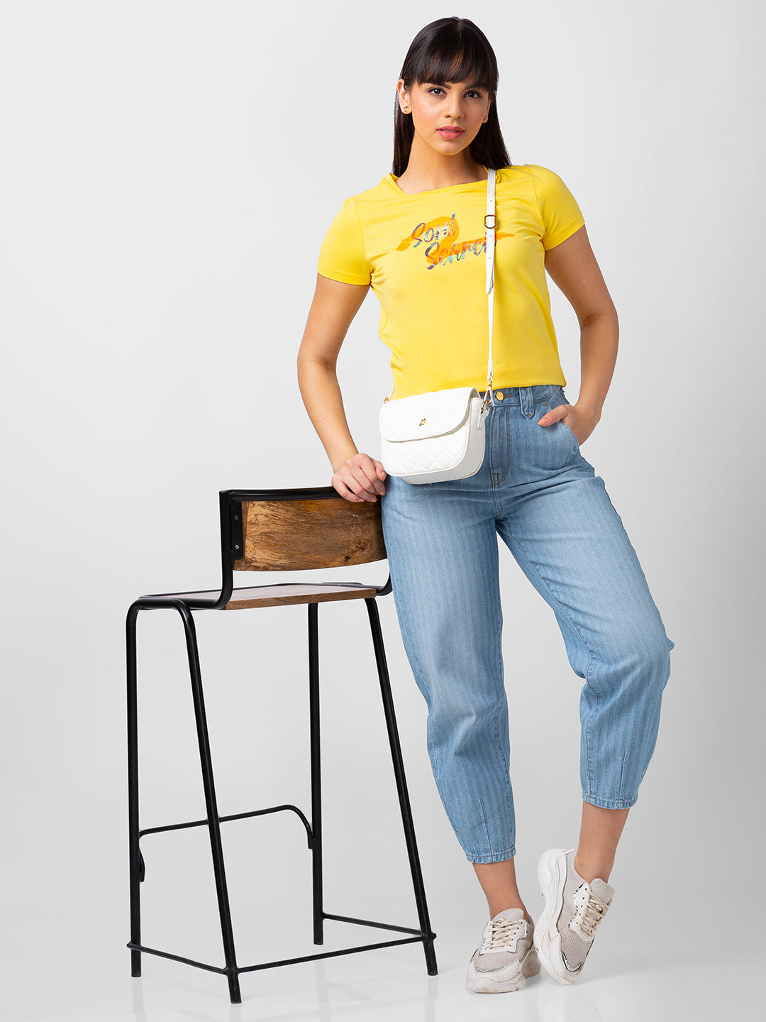 Spykar Women Lemon Yellow Blended Regular Fit Half Sleeve Printed T-Shirts