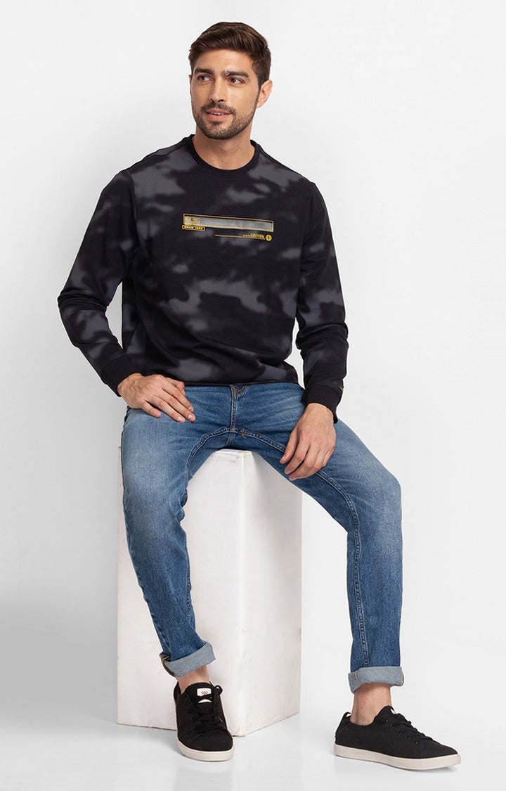 Spykar Navy Blue Cotton Full Sleeve Round Neck Sweatshirt For Men