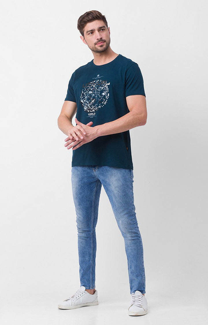 Spykar Teal Blue Cotton Half Sleeve Printed Casual T-Shirt For Men