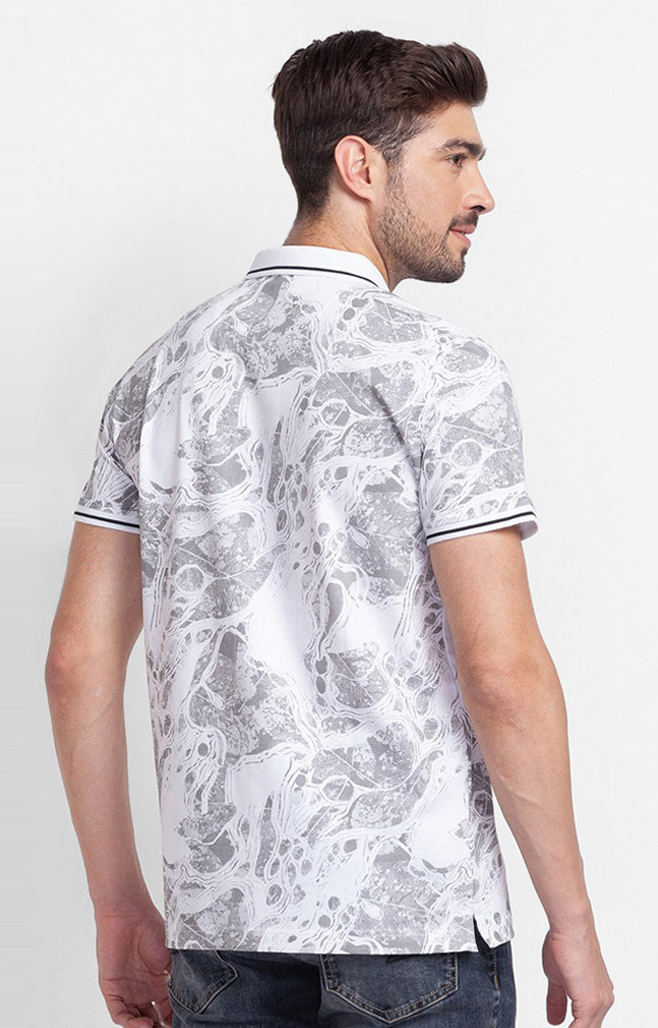 Spykar White Cotton Half Sleeve Printed Casual Polo T-shirt For Men