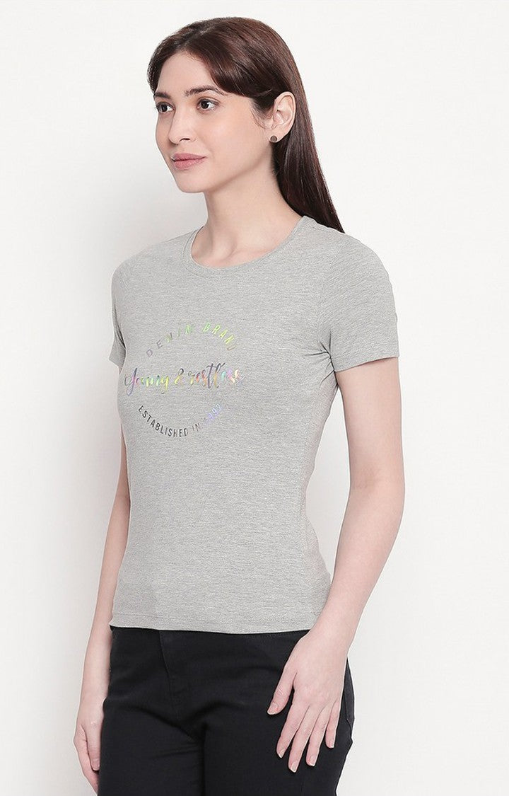 Spykar Women Grey Cotton Regular Round Neck T-Shirt