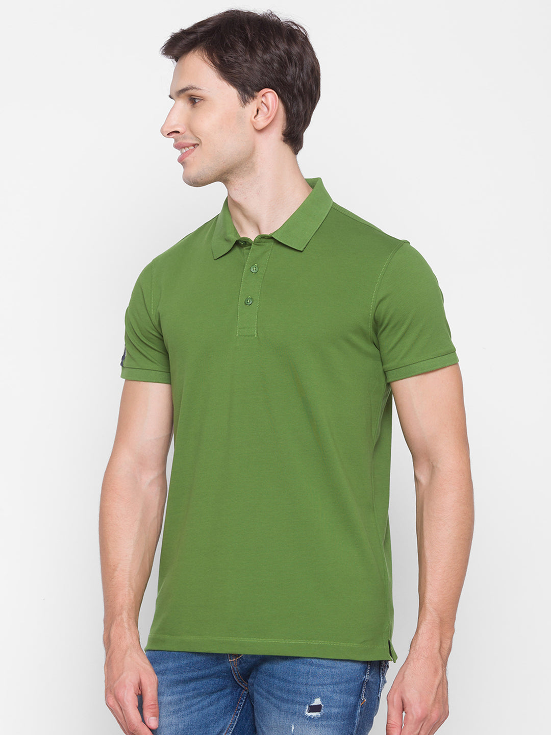 Spykar Men Green Cotton Slim Fit Polo T-Shirt