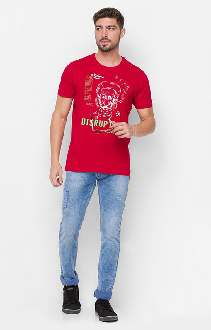 Albert Einstein By Spykar Red Cotton Slim Fit T-Shirt For Men