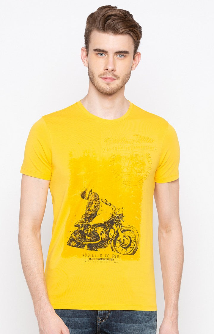 Spykar Yellow Printed Slim Fit Men T-Shirts