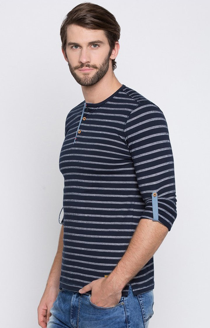 Spykar Navy Blue Striped Slim Fit Men T-Shirts