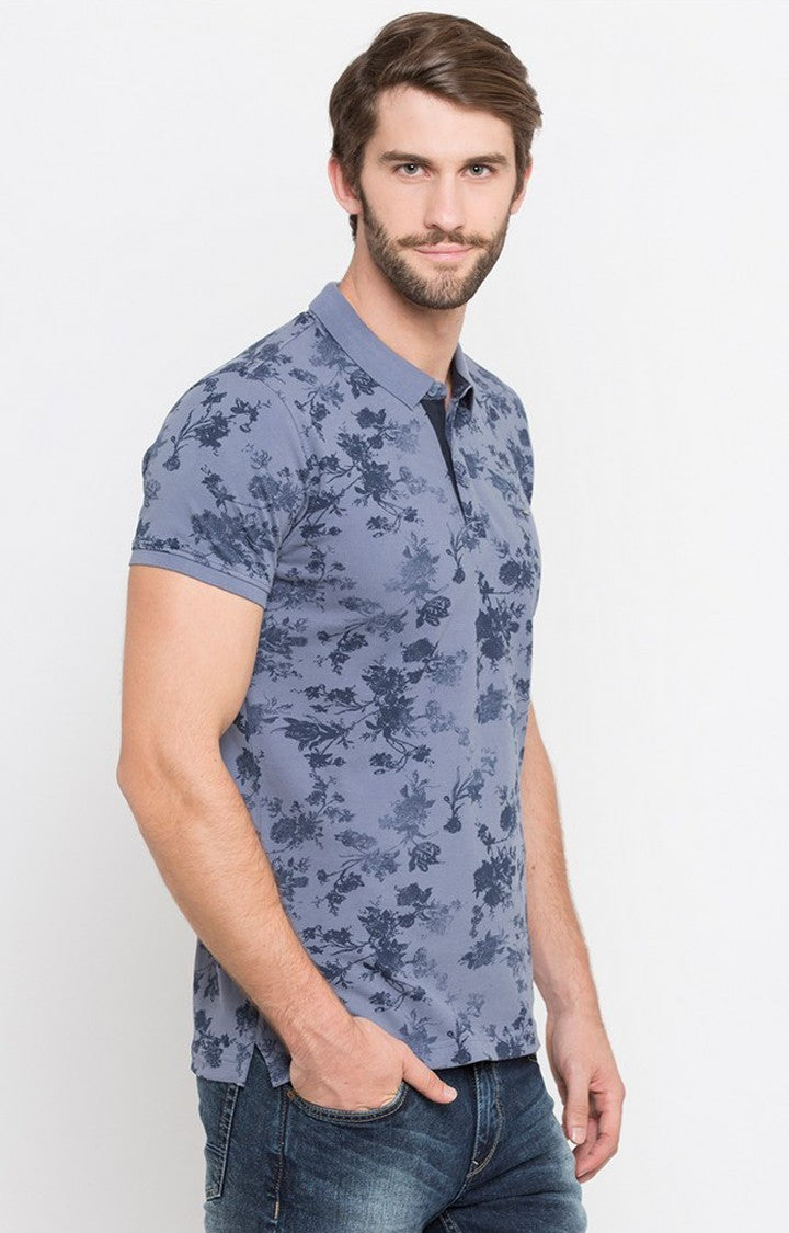 Spykar Blue Printed Slim Fit Polo T-Shirt