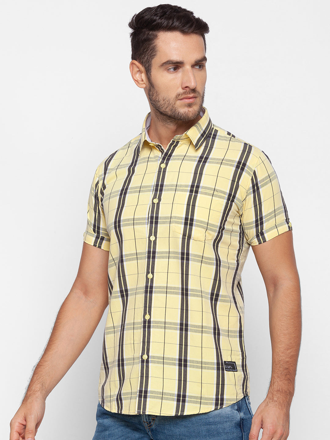 Spykar Slim Fit Yellow Cotton Men Shirt