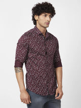 Spykar Men Deep Wine Red Satin Slim Fit Full Sleeve Causal Printed Shirt