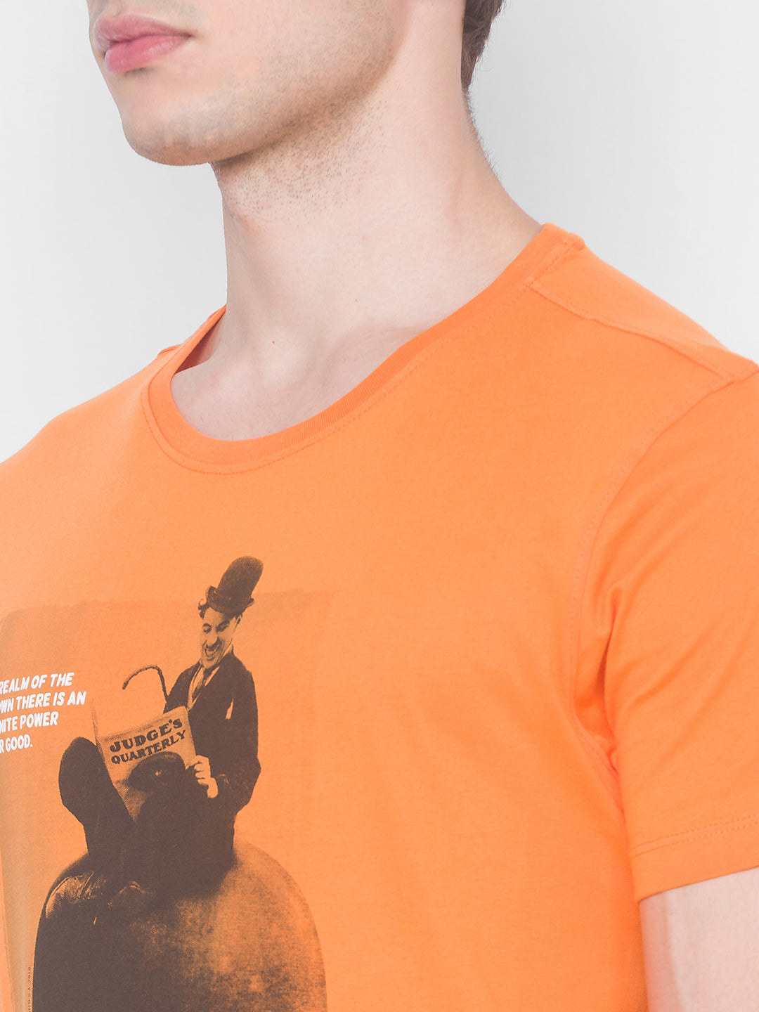 Charlie Chaplin Spykar Men Orange Cotton Slim Fit Round Neck T-Shirt