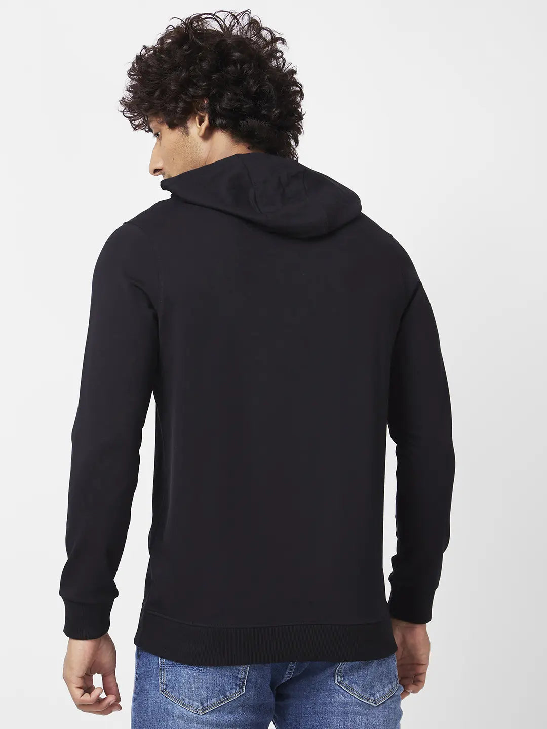 Spykar Men Black Blended Regular FIt Full Sleeve Hooded Plain Sweatshirt