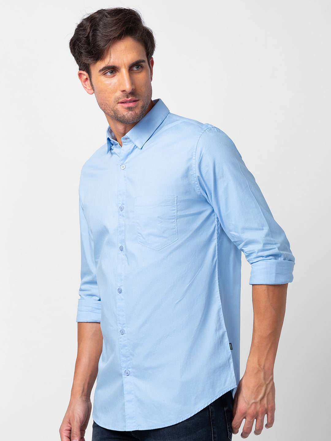 Spykar Men Sky Blue Cotton Slim Fit Plain Shirt