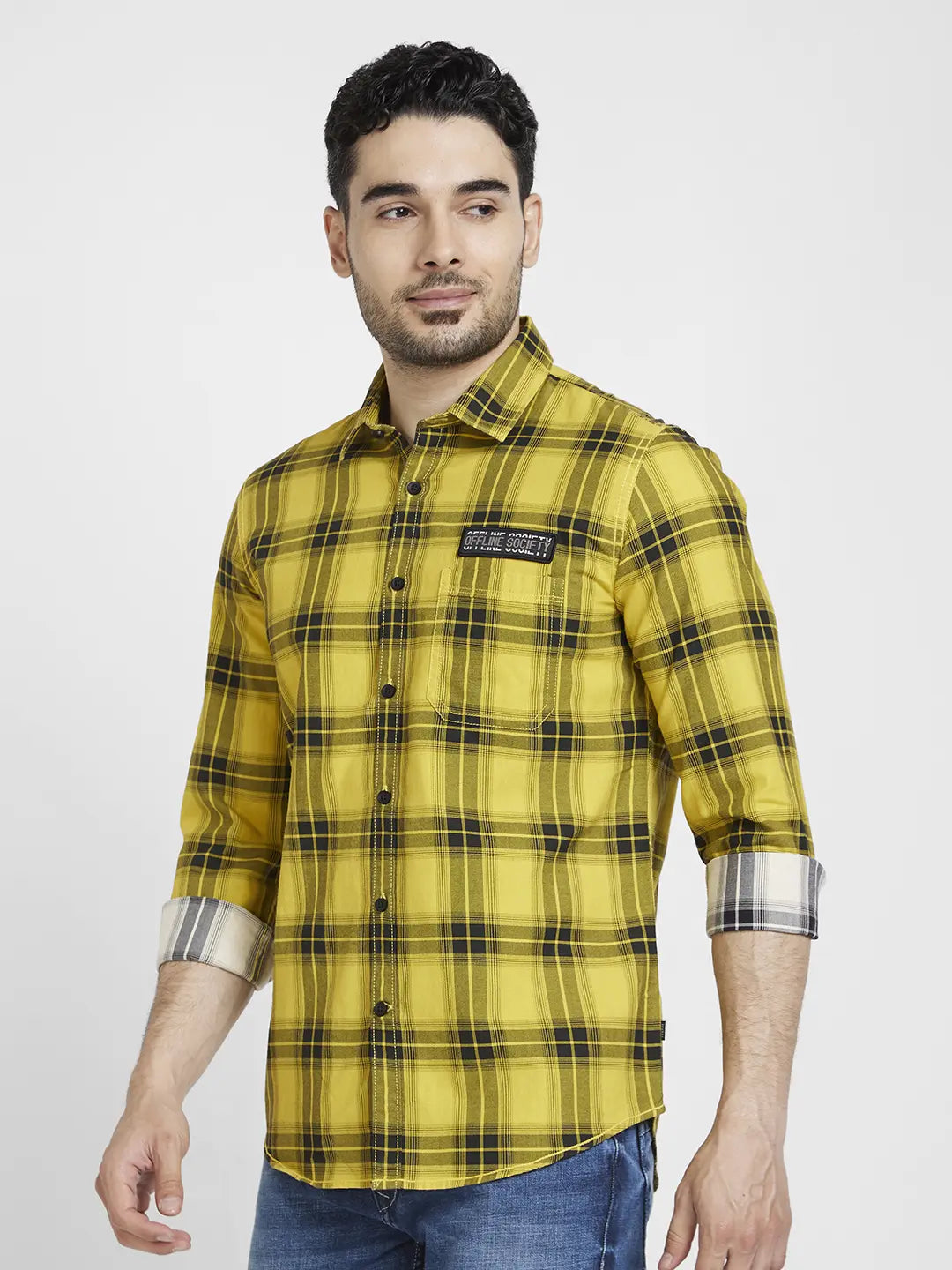 Spykar Men Sulphur Yellow Cotton Regular Slim Fit Full Sleeve Checkered Shirt