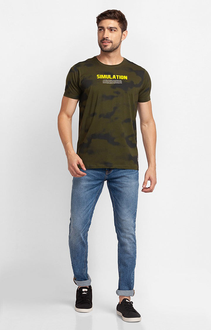 Spykar Rifle Green Cotton Half Sleeve Printed Casual T-Shirt For Men