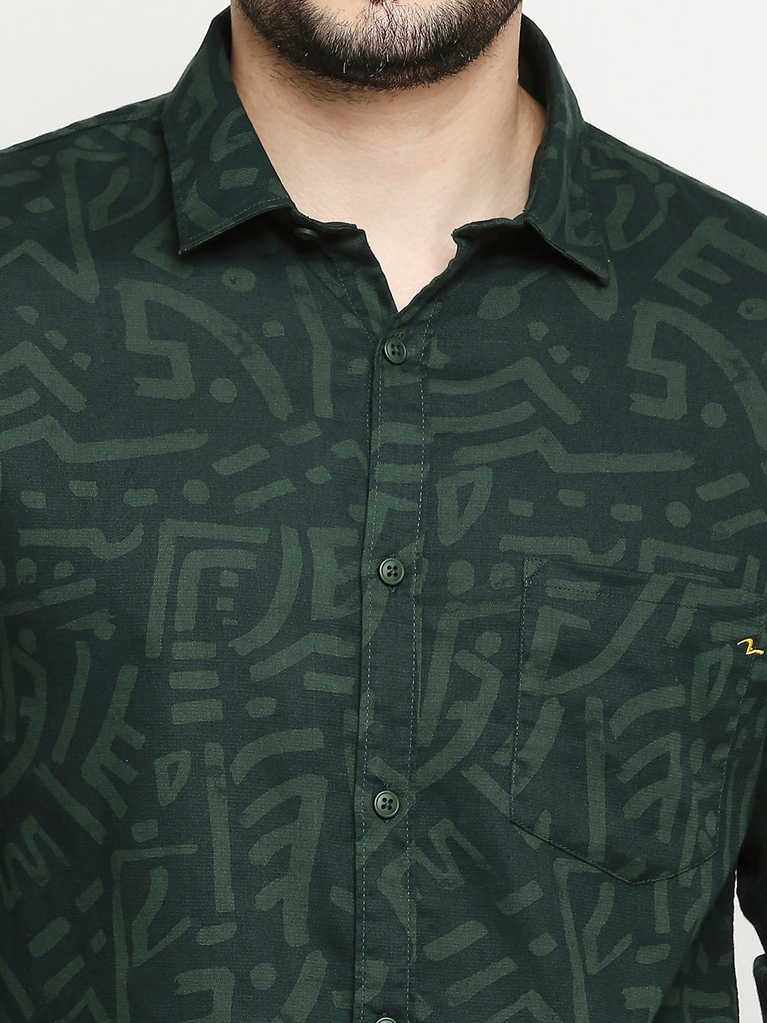 Spykar Bottle Green Cotton Full Sleeve Printed Shirt For Men