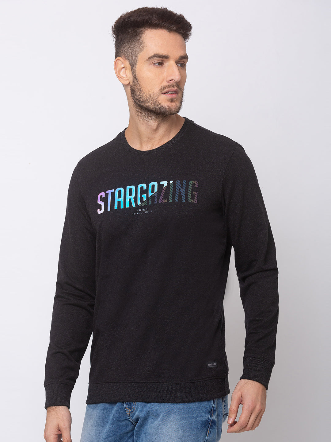 Spykar Black Blended Slim Fit Sweatshirt For Men