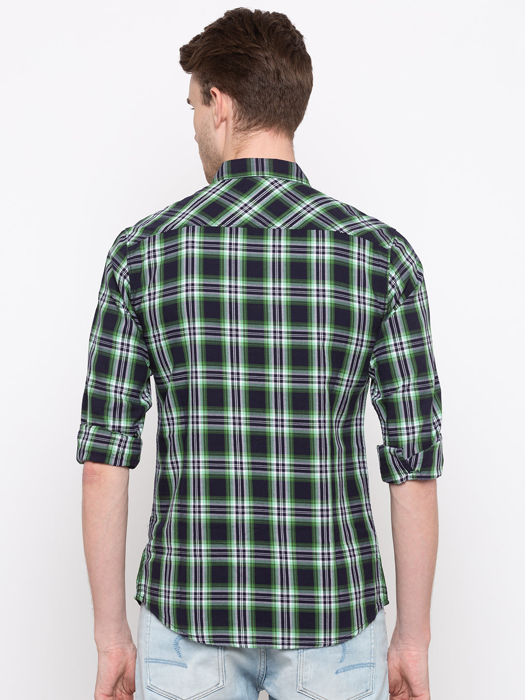 Spykar Men Blue & Green Checked Slim Fit Casual Shirt