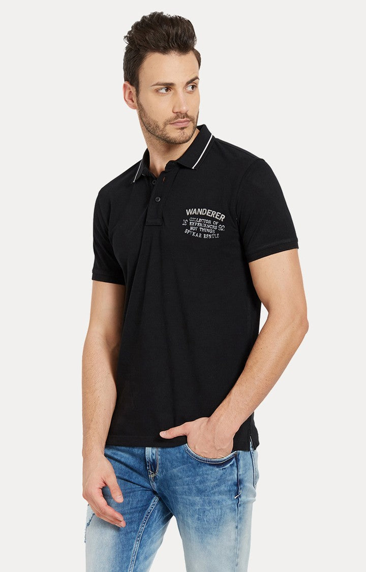 Spykar Black Solid Slim Fit Polo T-Shirt