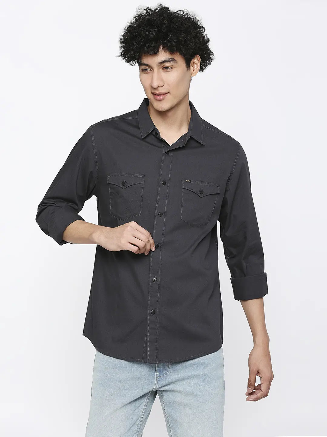 Spykar Men Charcoal Grey Cotton Slim Fit Plain Shirt