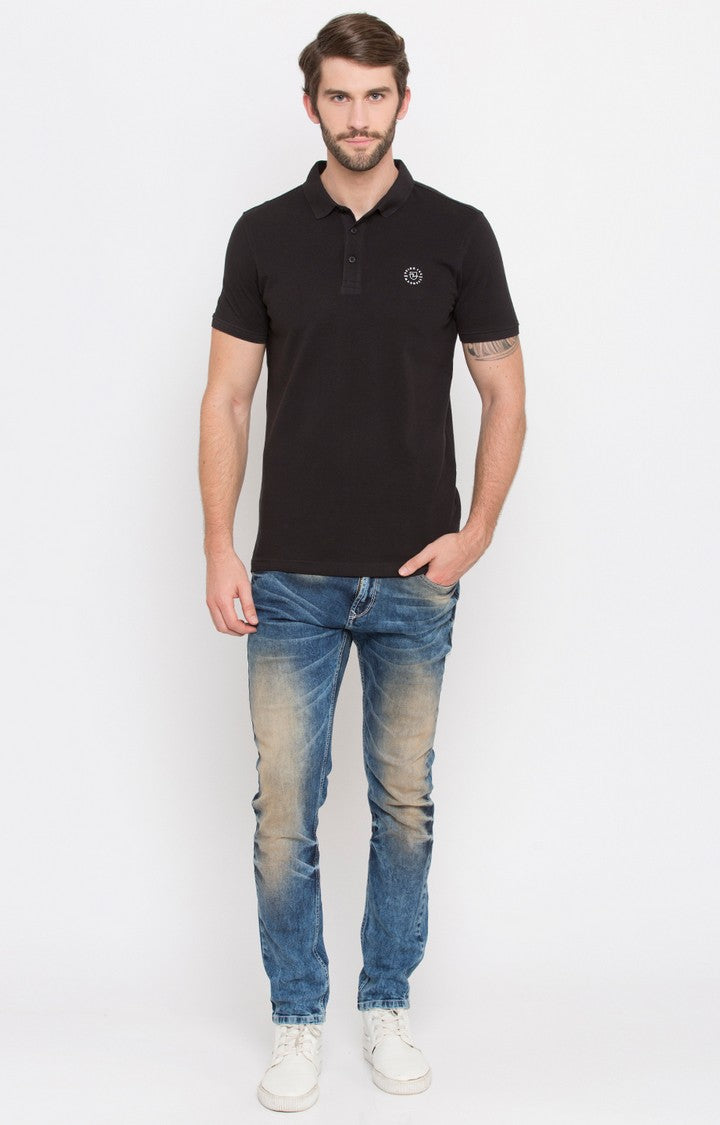 Spykar Jet Black Solid Slim Fit Polo T-Shirt