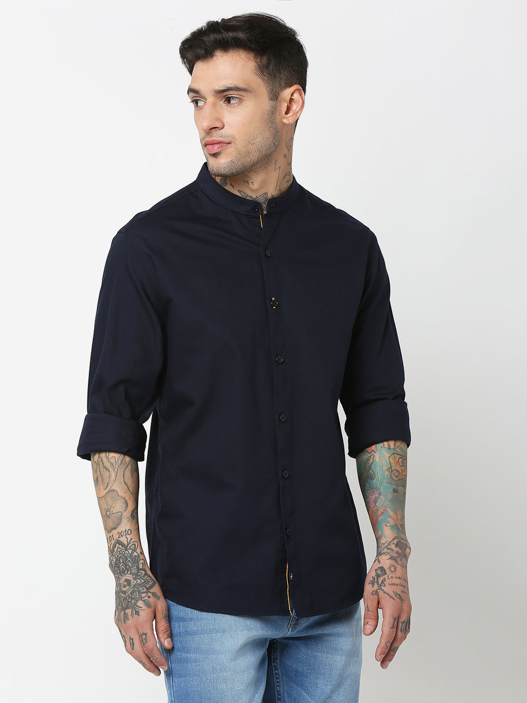 Spykar Men Navy Blue Cotton Slim Fit Plain Shirts