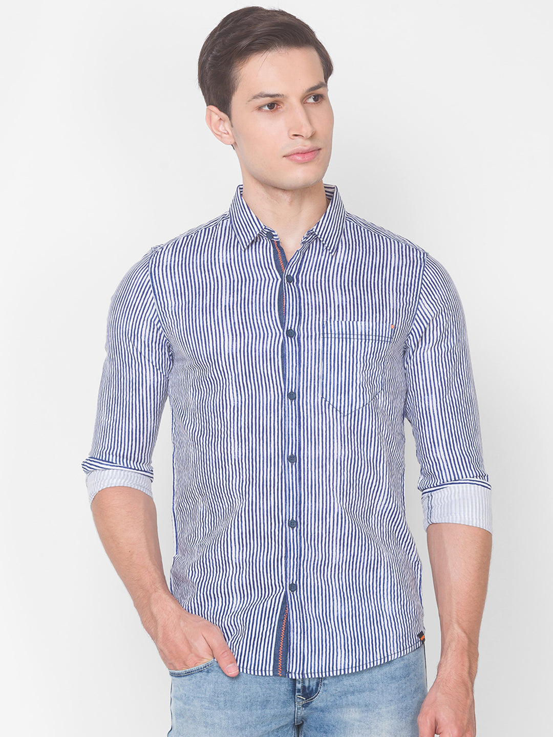 Spykar Slim Fit Blue Cotton Men Shirt