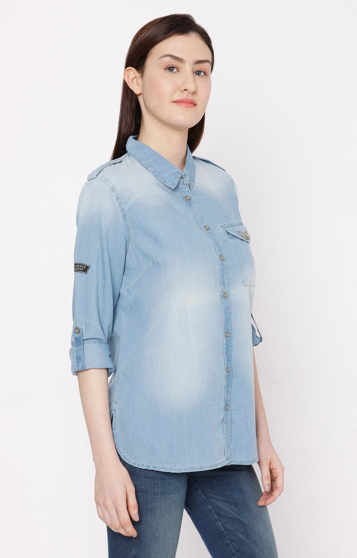 Spykar Women Mid Blue Cotton Regular Fit Denim Shirt