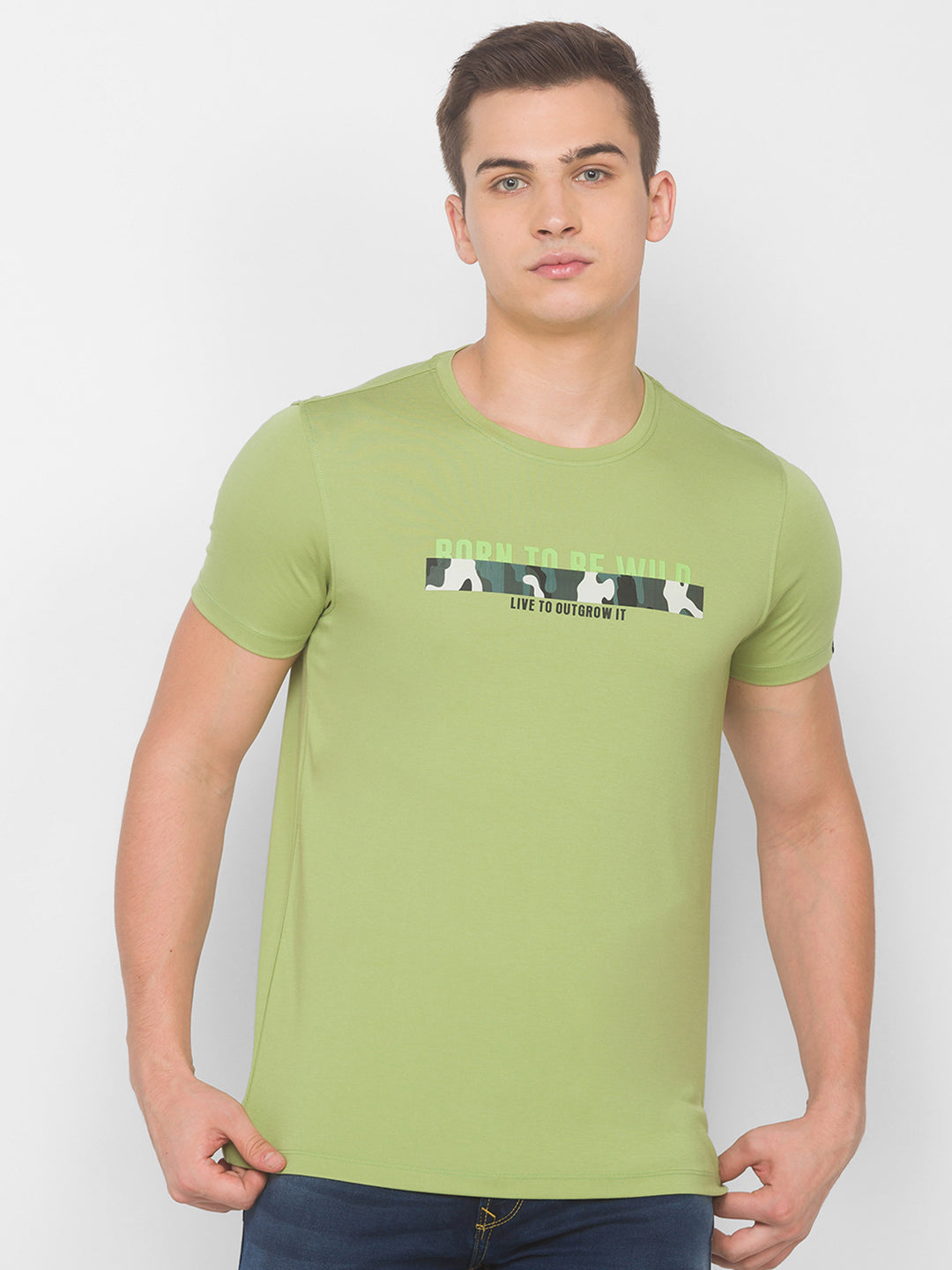 Spykar Men Green Cotton Slim Fit Round Neck T-Shirt