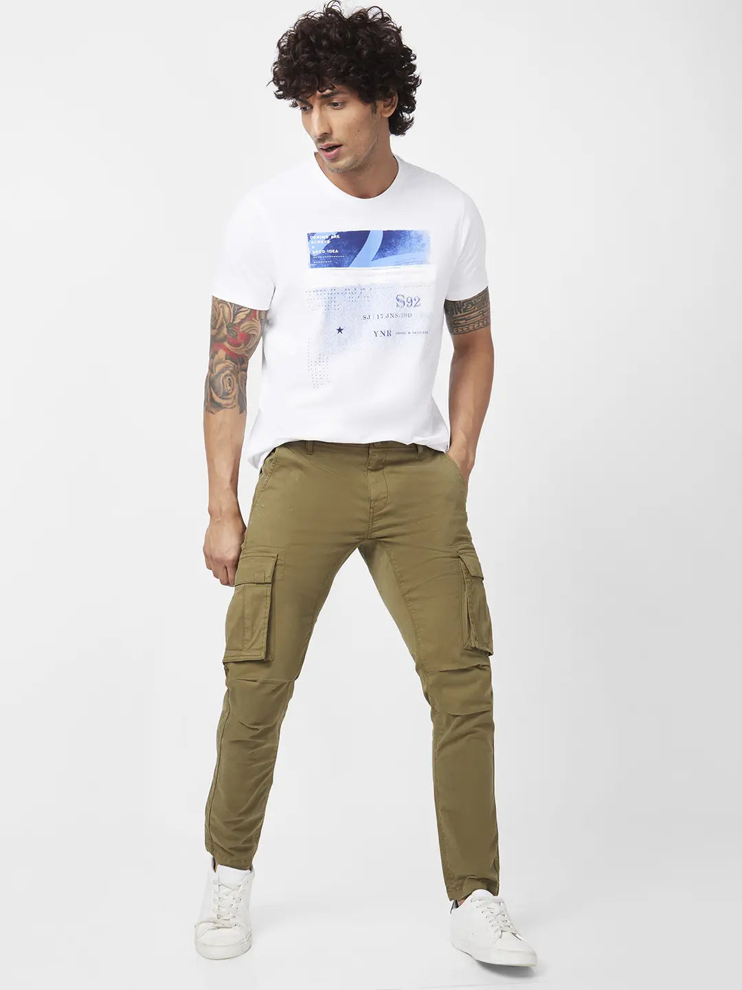 Buy OnlineSpykar Men Moss Green Cotton Tapered Fit Ankle Length