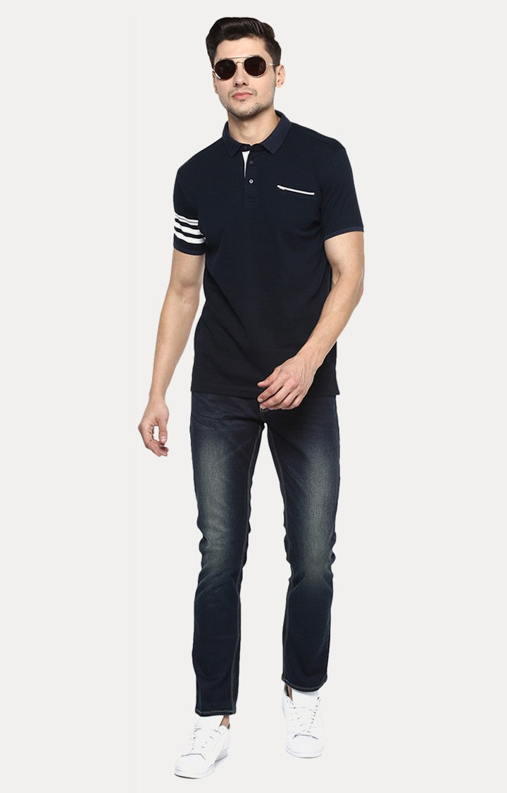 Spykar Navy Blue Solid Slim Fit Polo T-Shirt