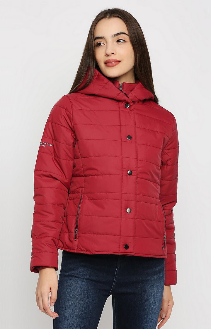 Spykar Women Red Cotton Regular Fit Hoodie Jacket