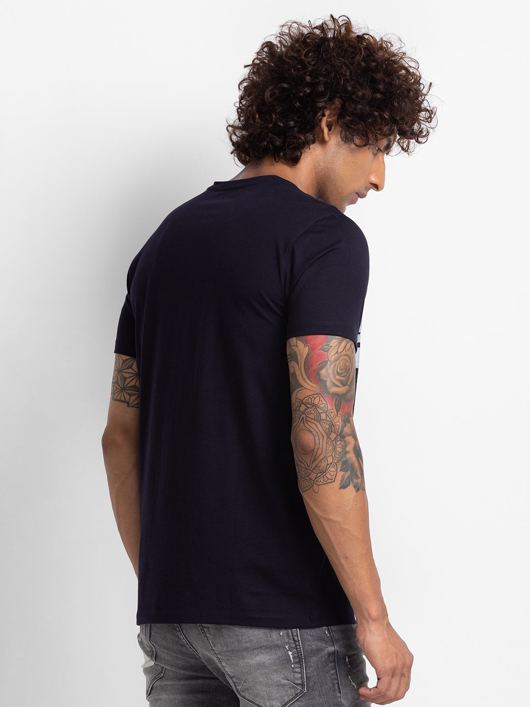 Spykar Navy Blue Cotton Half Sleeve Printed Casual T-Shirt For Men