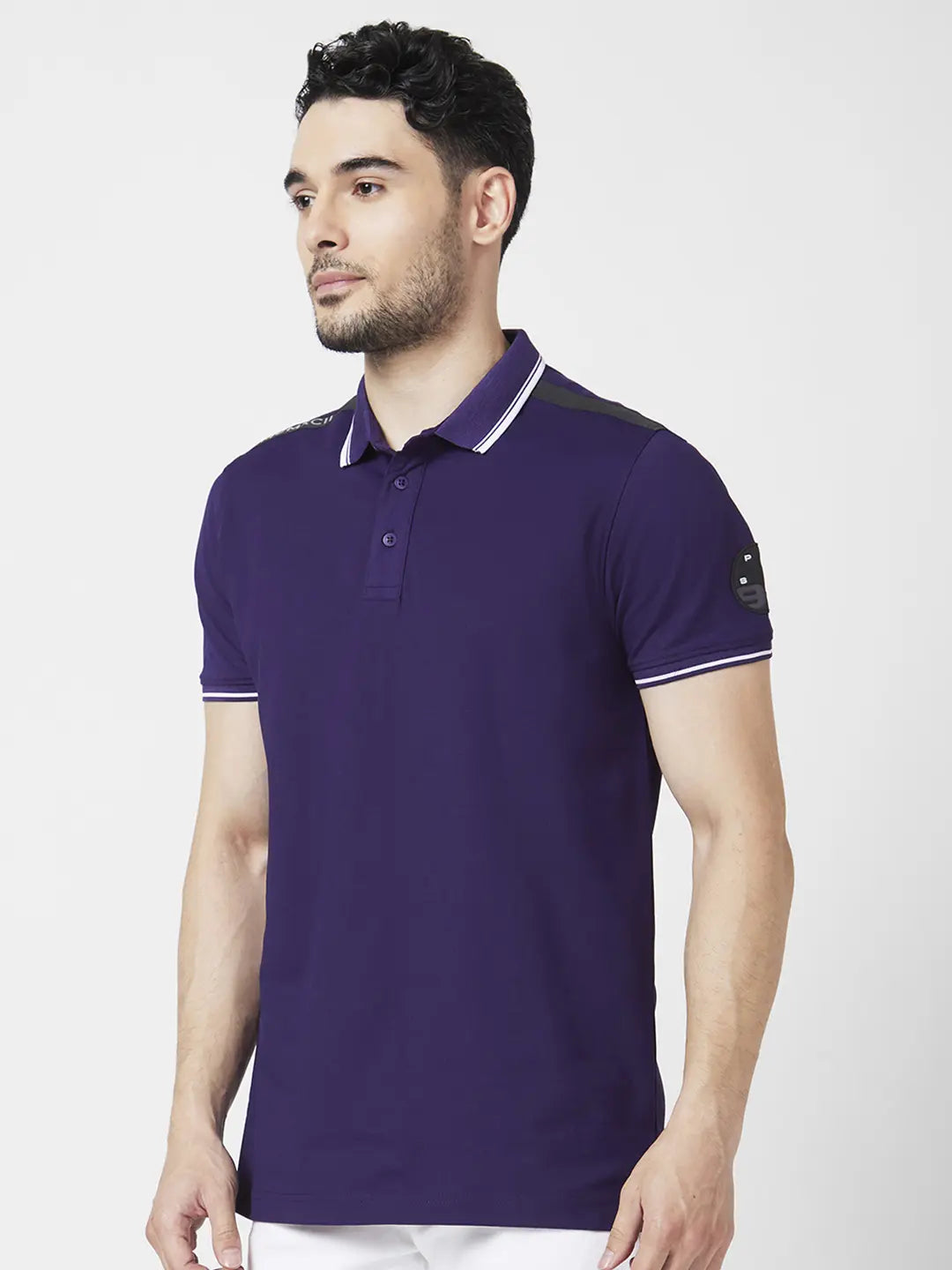Spykar Men Deep Purple Blended Slim Fit Half Sleeve Polo Neck Plain Tshirt