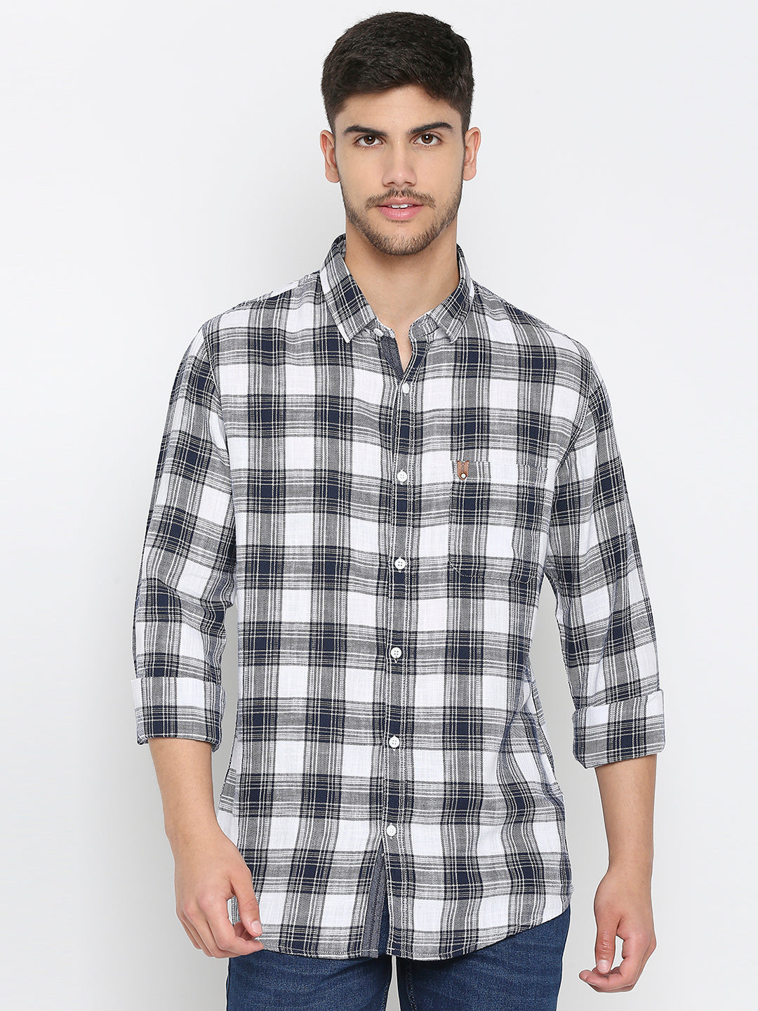 Spykar White Cotton Full Sleeve Checkered Shirt For Men