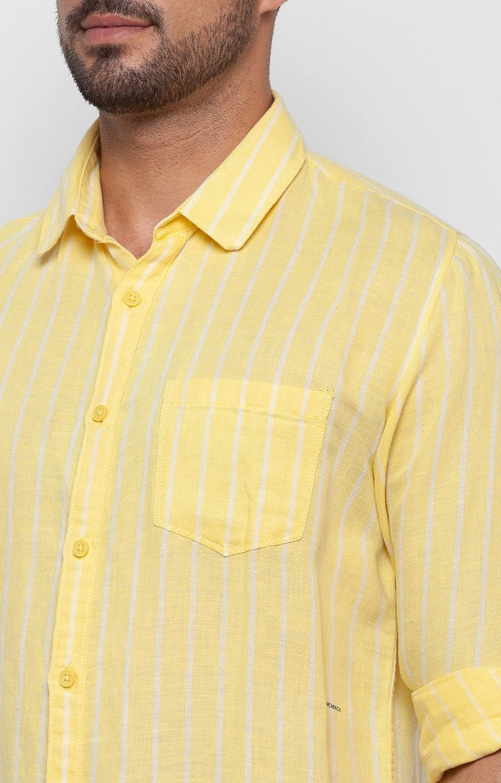 Spykar Butter Yellow Cotton Full Sleeve Stripes Shirt For Men