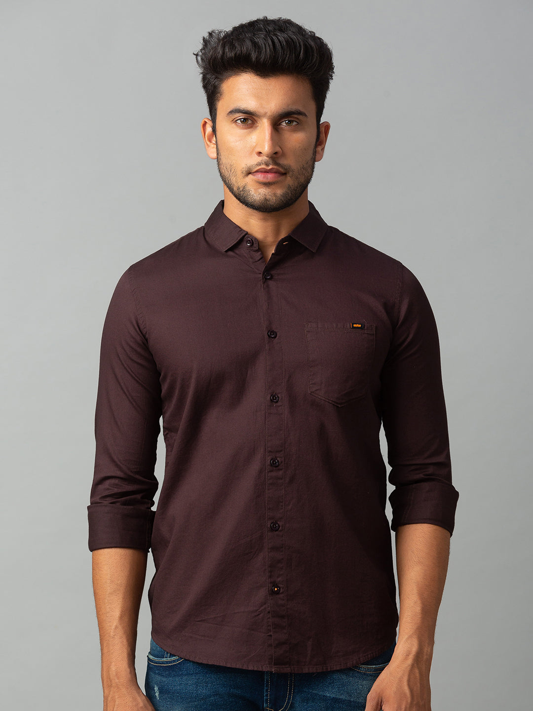 Spykar Men Brown Cotton Slim Fit Shirt