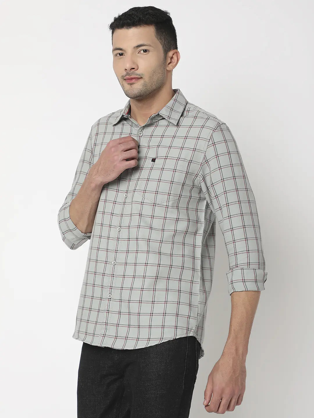 Spykar Men Grey Cotton Slim Fit Checkered Shirt