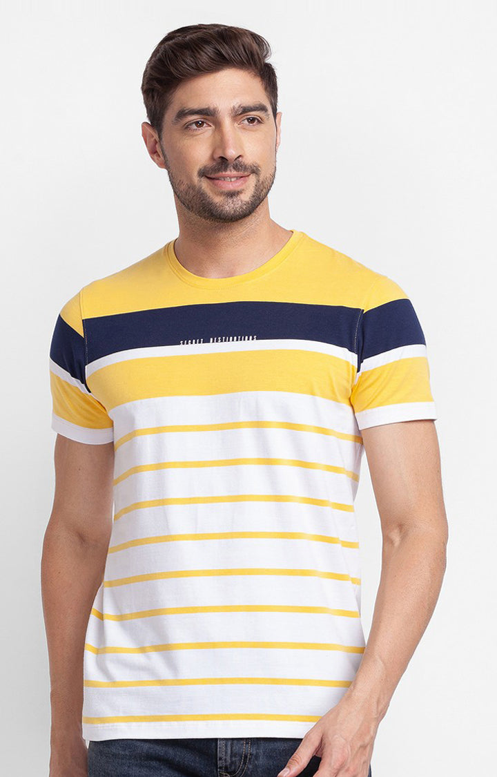 Spykar Sulphur Yellow Cotton Half Sleeve Stripes Casual T-shirt For Men