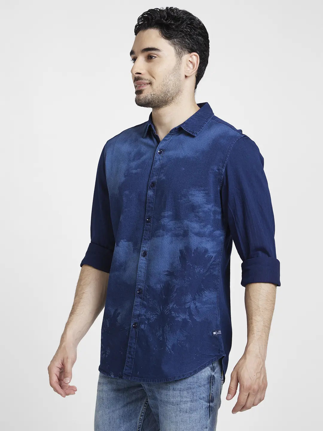 Spykar Men Dark Blue Cotton Slim Fit Printed Shirt