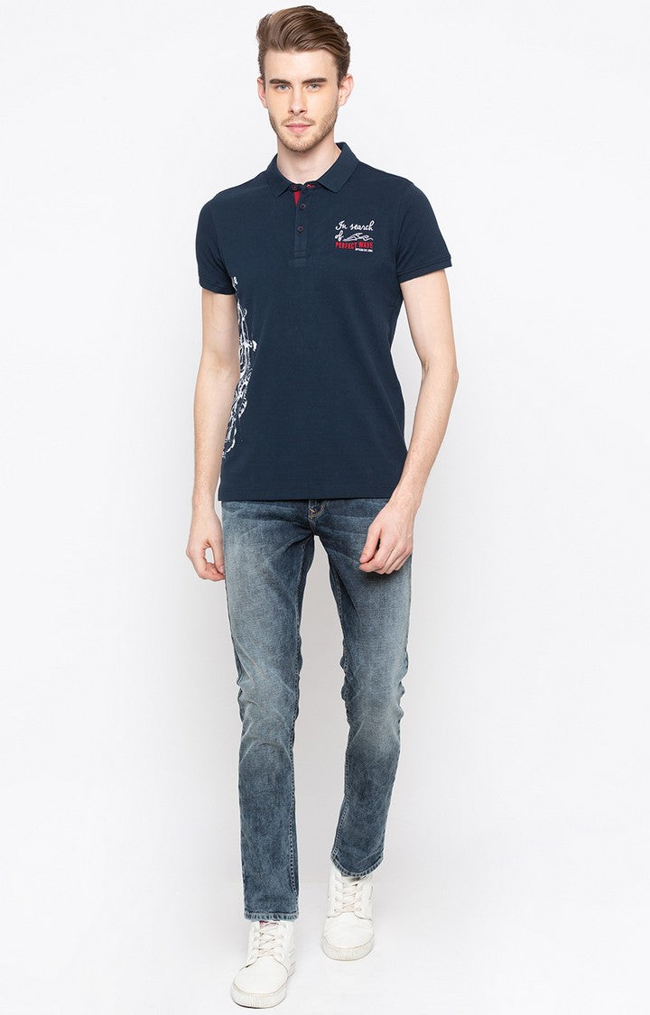 Spykar Navy Printed Slim Fit Polo T-Shirt