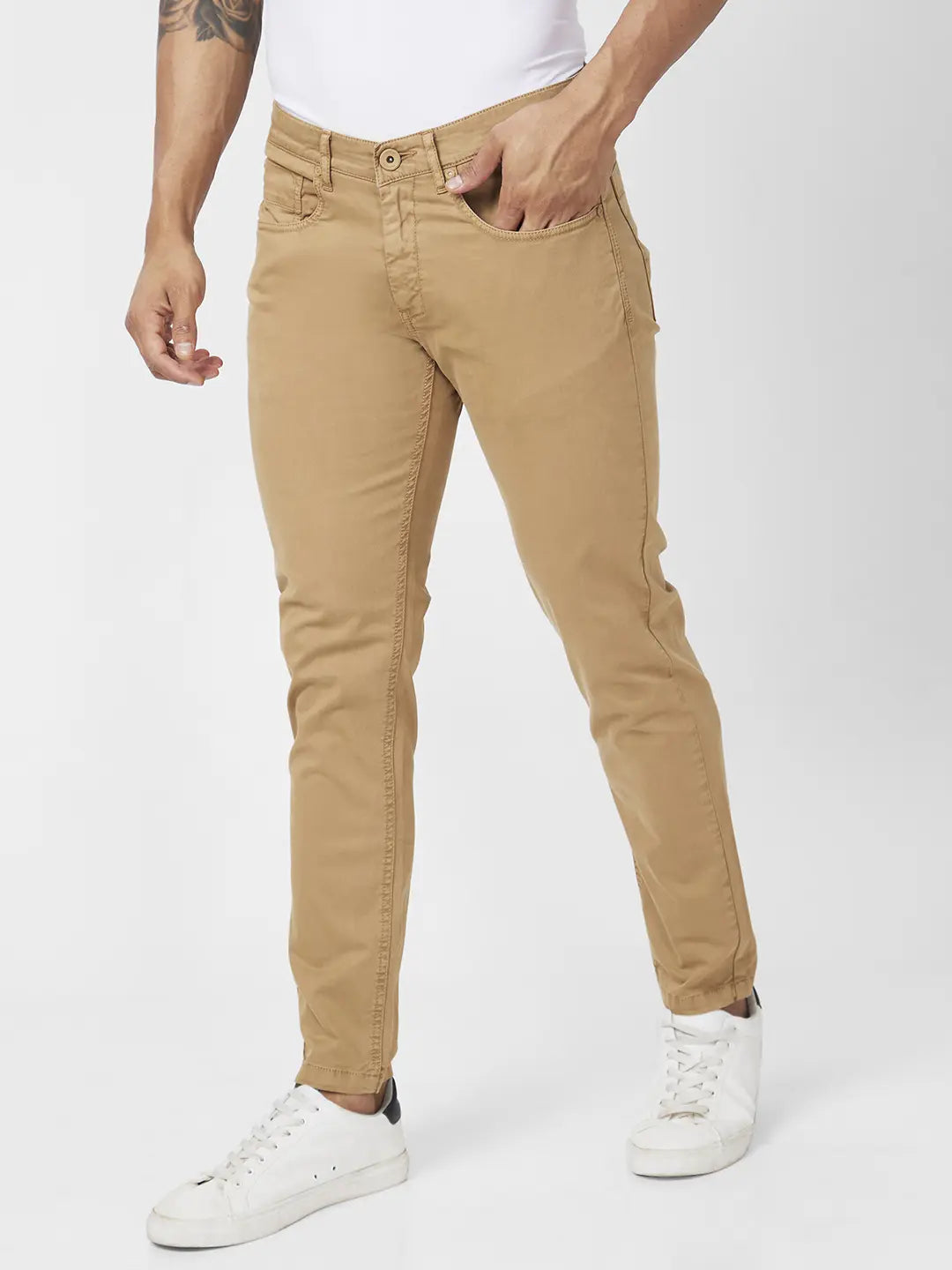 Buy Spykar Camel Cotton Slim Fit Trousers for Mens Online @ Tata CLiQ