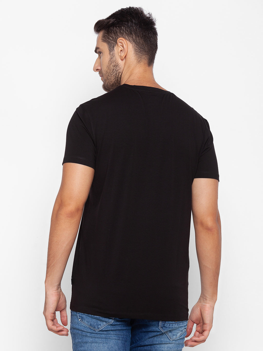 Spykar Men Black Cotton Slim Fit Round Neck T-Shirt