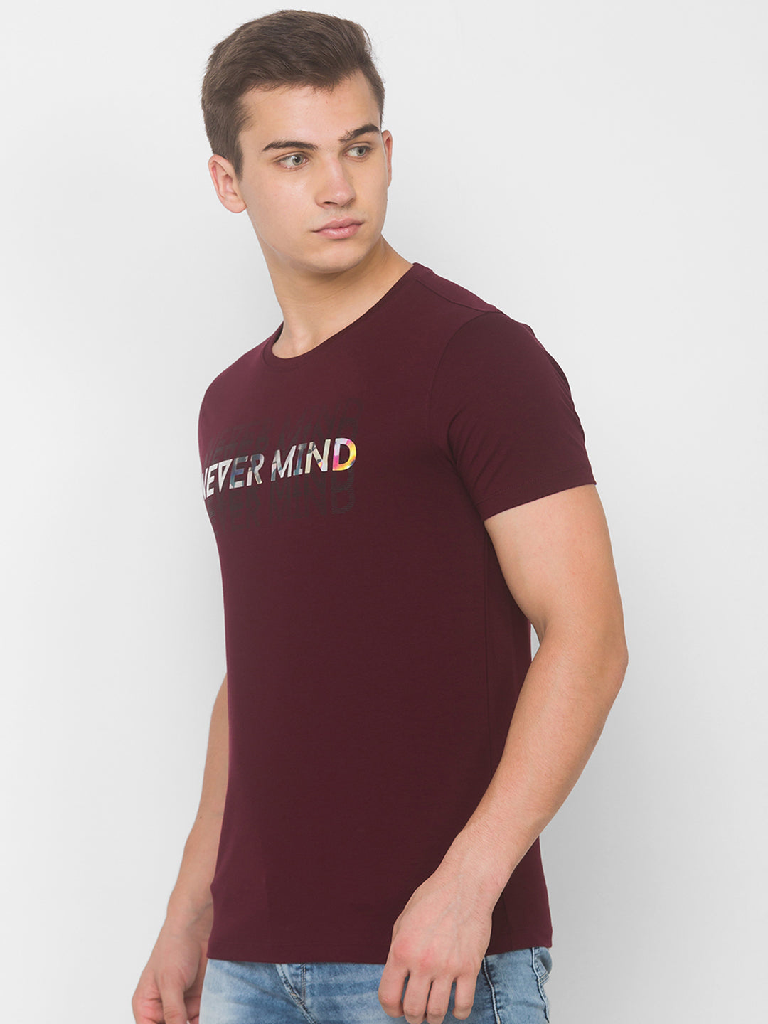 Spykar Men Red Cotton Slim Fit Round Neck T-Shirt